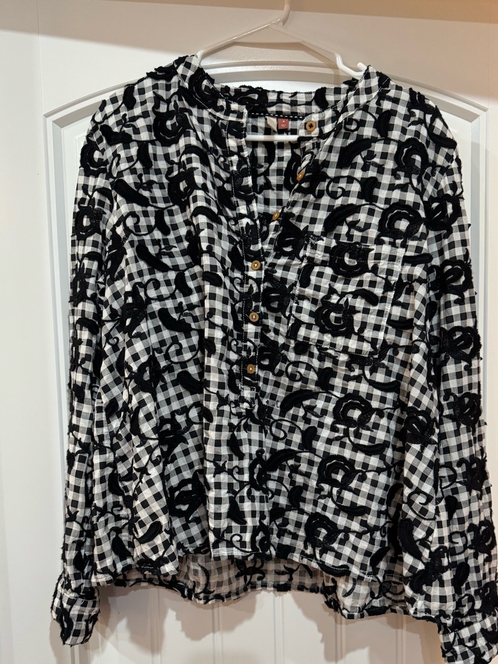 Pilcro Black and White Gingham Floral Button-Front Top